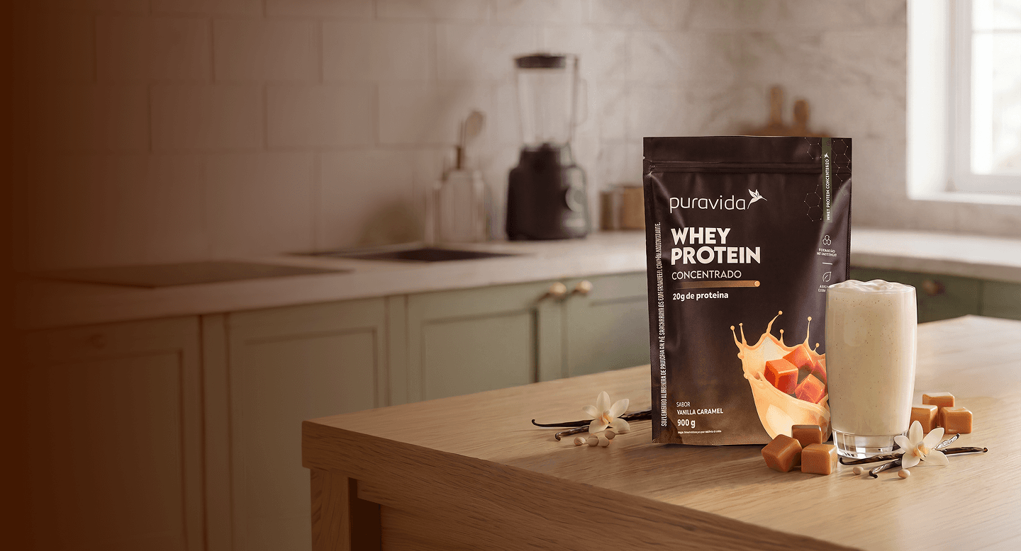 Whey Protein Concentrado sabor Vanilla Caramel Pouch de Whey Protein Concentrado Vanilla Caramel sobre creme e caramelos