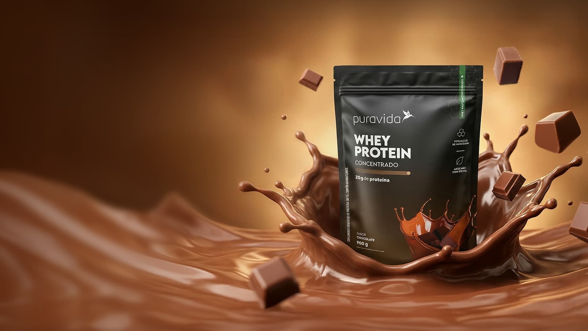 Whey Protein Concentrado sabor Chocolate Pouch de Whey Protein Concentrado Chocolate com respingo de chocolate