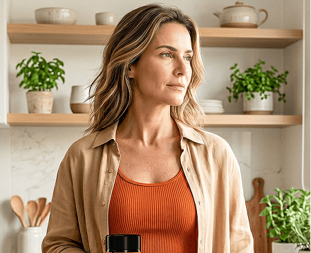 Bio Curcuma - bem-estar no dia a dia Mulher na cozinha em ambiente natural