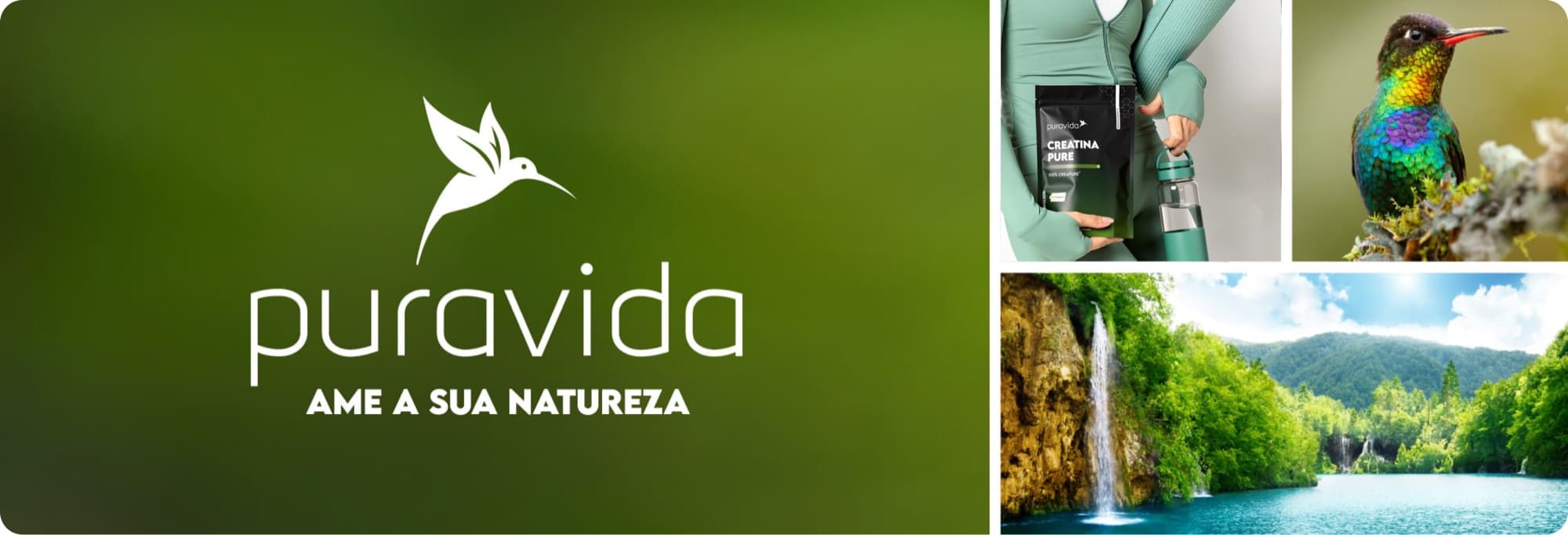 Colagem da marca Puravida com o logo do beija-flor, uma pessoa segurando Creatina Pure, um beija-flor colorido e uma cachoeira em meio à mata Colagem da marca Puravida com o logo do beija-flor, uma pessoa segurando Creatina Pure, um beija-flor colorido e uma cachoeira em meio à mata