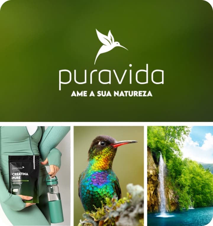 Colagem da marca Puravida com o logo do beija-flor, uma pessoa segurando Creatina Pure, um beija-flor colorido e uma cachoeira em meio à mata Colagem da marca Puravida com o logo do beija-flor, uma pessoa segurando Creatina Pure, um beija-flor colorido e uma cachoeira em meio à mata