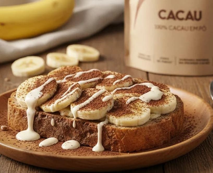 Torrada com banana e cacau em pó polvilhado Torrada com banana e cacau em pó polvilhado