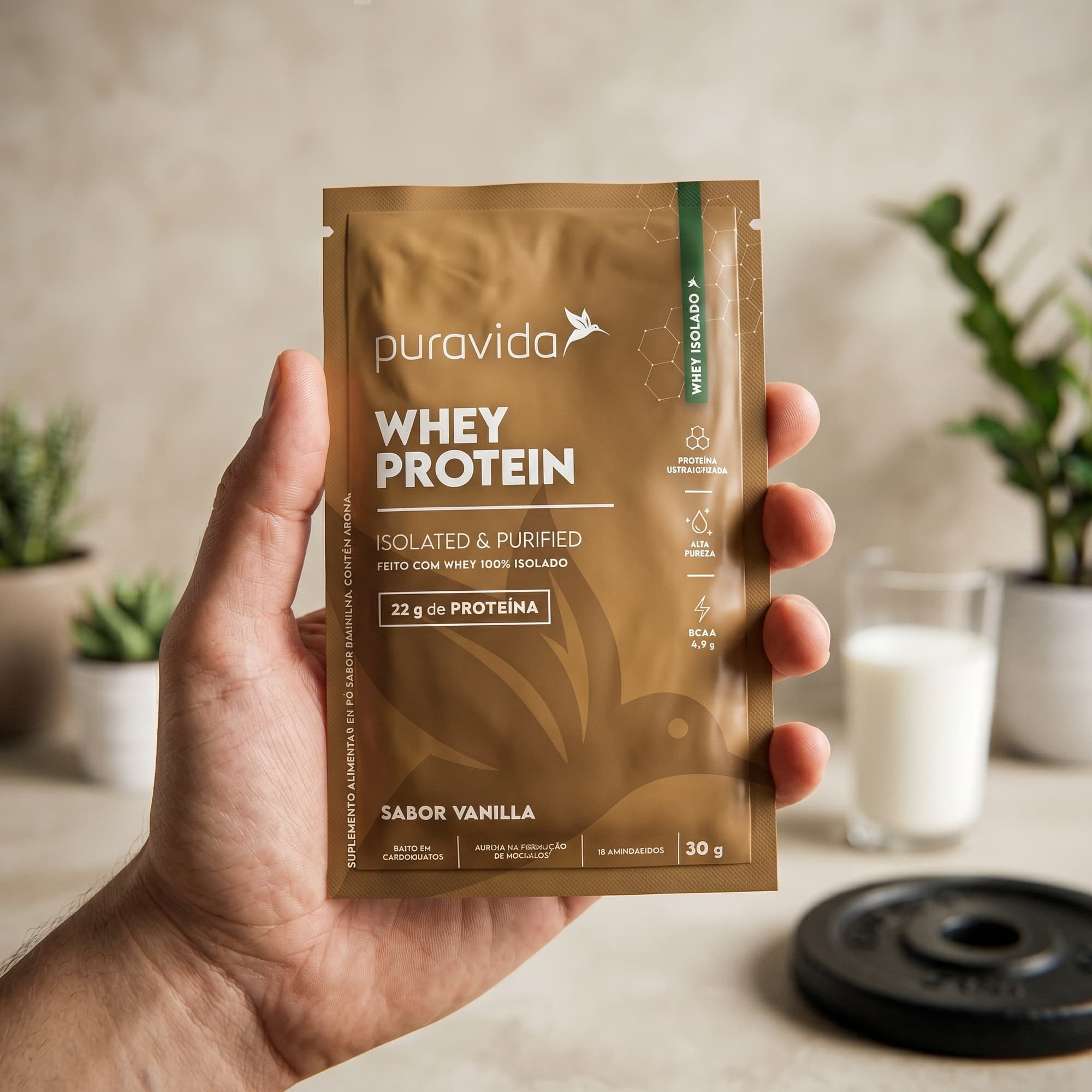 Mão segurando sachê de Whey Protein Isolado Vanilla Puravida Mão segurando sachê de Whey Protein Isolado Vanilla Puravida