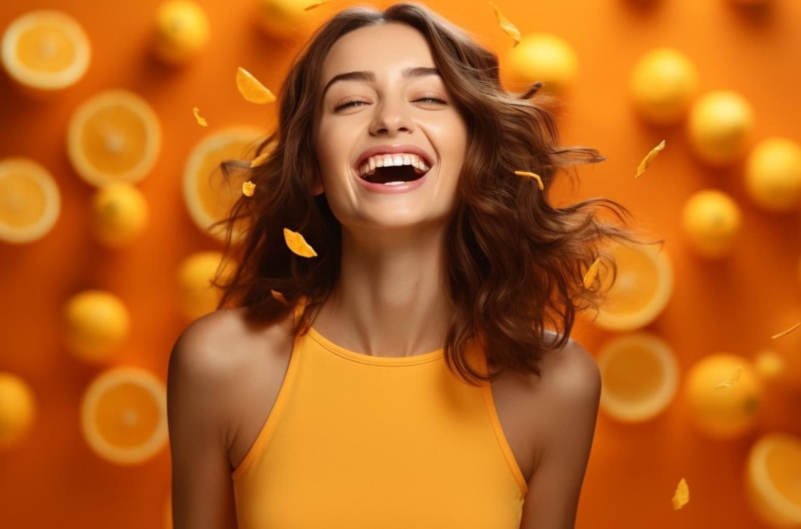 Mulher sorrindo cercada de laranjas Mulher sorrindo cercada de laranjas