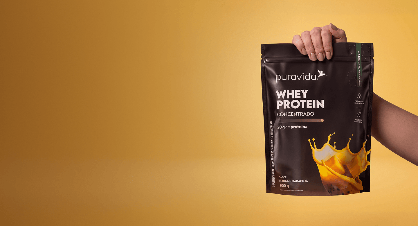 Whey Protein Concentrado manga e maracujá com respingo de polpa Whey Protein Concentrado manga e maracujá com respingo de polpa