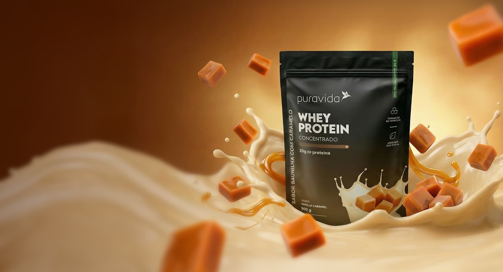 Whey Protein Concentrado sabor Vanilla Caramel Pouch de Whey Protein Concentrado Vanilla Caramel sobre creme e caramelos