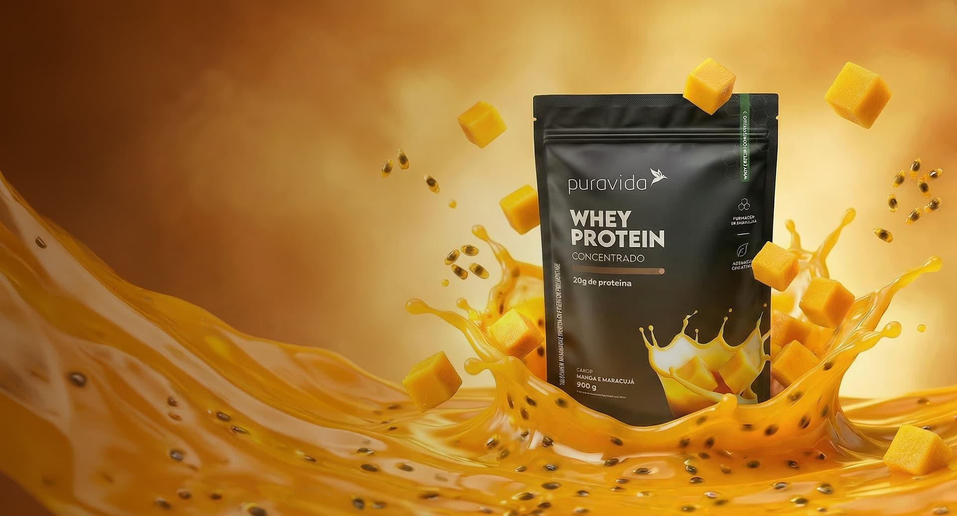 Whey Protein Concentrado manga e maracujá com respingo de polpa Whey Protein Concentrado manga e maracujá com respingo de polpa