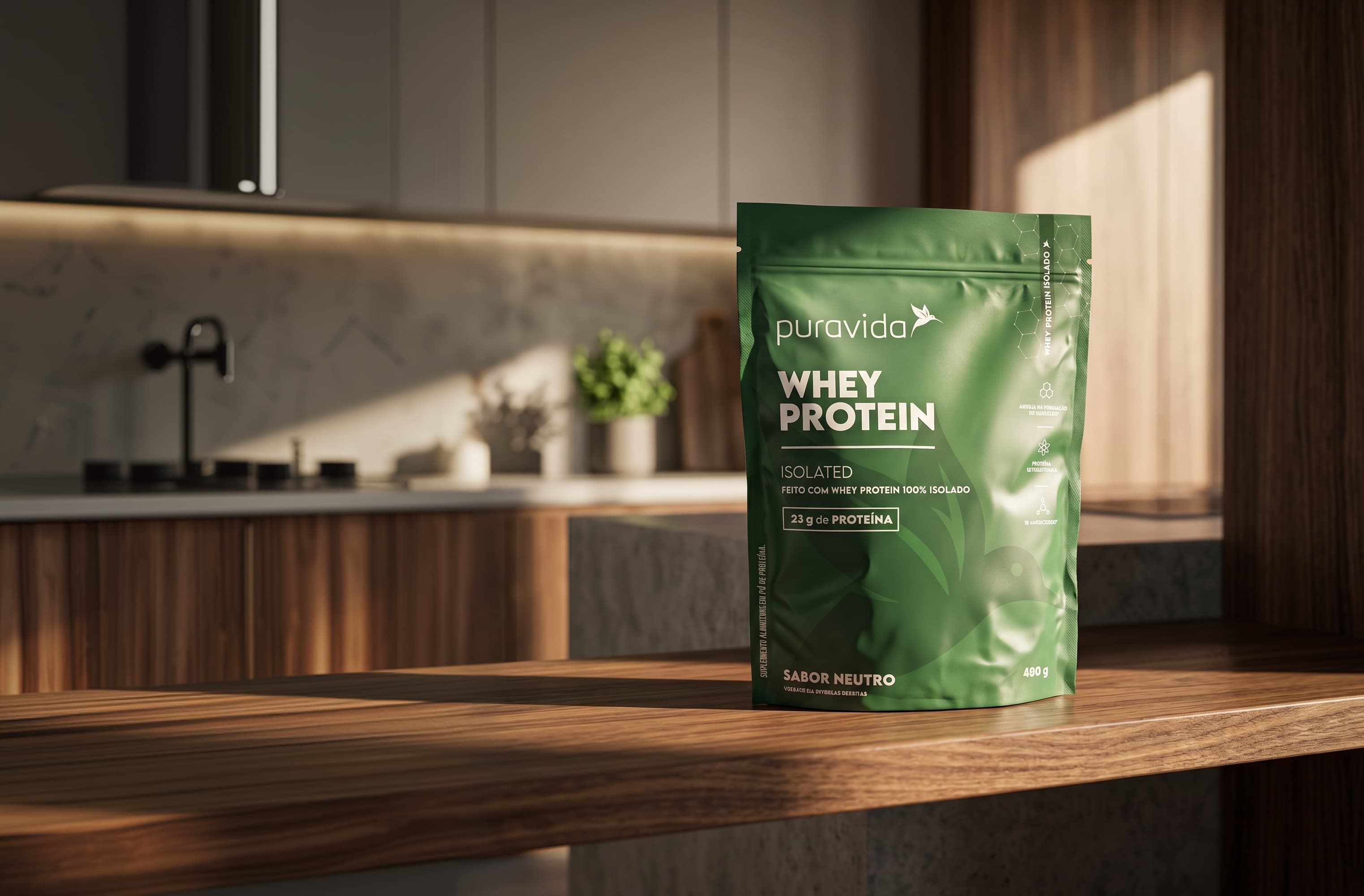 Cozinha com Whey Protein Isolado Puravida sobre a bancada